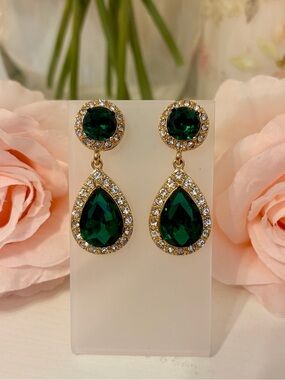 NEW Emerald Green Teardrop Crystal Statement Earrings Gold Halo Drop - Glam